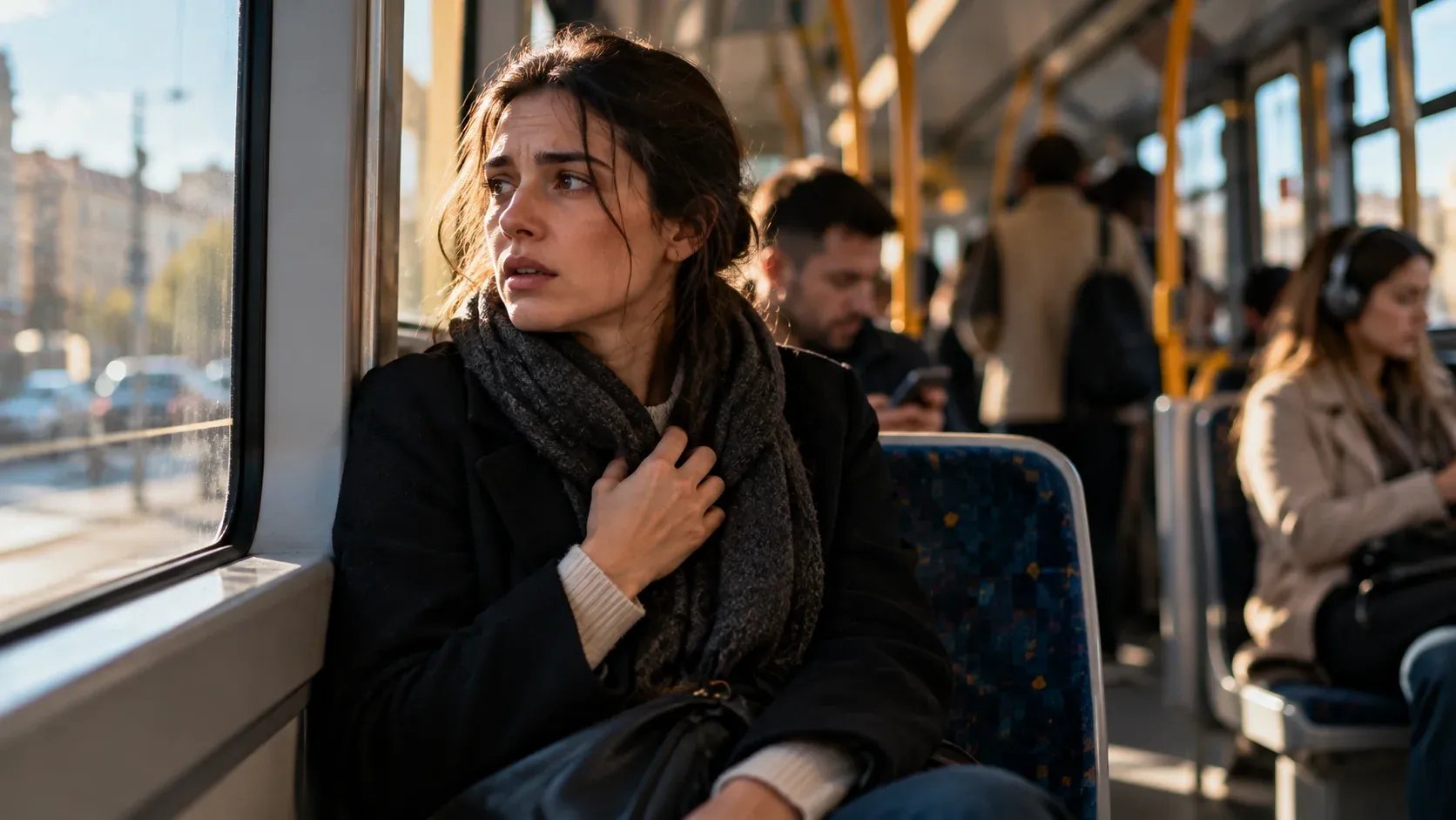 O femeie cu o expresie îngrijorată stă lângă fereastra unui autobuz, cu alți pasageri în fundal.