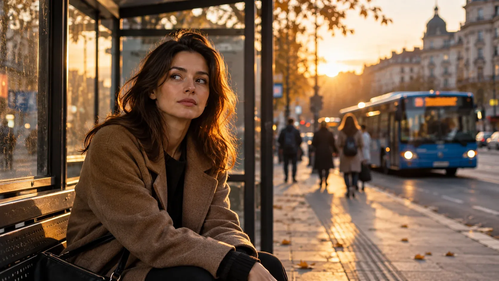 O femeie stă singură în stația unui autobuz, la apus, privind gânditoare spre stradă, în timp ce vehiculul se apropie.